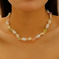 Bohemian beach choker with starfish, shells, pearls, and colorful stones for women - Colorful Gravel Pearl Starfish Necklace (5558)