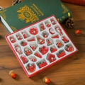 Detail of wooden Christmas ornaments set in a gift box on a warm wooden surface - Style 6 (30 Pieces)