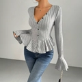 Elegant slim fit V-neck ribbed knit cardigan in grey with peplum hem and flare sleeves - S / Gray