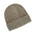 Detailed view of dark khaki knit beanie featuring diamond pattern and ribbed cuff - Olive Green