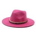 Handmade rose red Panama straw hat with a metallic chain band decoration for summer - Adjustable / Rose Red