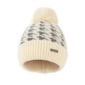 Winter rainbow fleece lined knit hat with faux fur pompom and chic houndstooth pattern - Adult / Beige