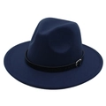 Classic navy blue wool fedora hat with wide brim and black leather buckle strap - M (56-58cm) / Navy Blue (Black Leather Band)