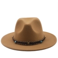 Classic camel wide brim fedora hat featuring braided band with blue turquoise stones - Camel