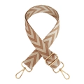 Detail of adjustable thick canvas strap with brown herringbone weave and gold metal hooks - Brown Gold Buckle