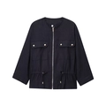 Navy linen-blend safari utility jacket with zipper closure and drawstring hem - XS / Black