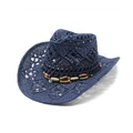 Chapeau de cowboy en paille tressée bleu foncé avec perles colorées et décorations - M (56-58cm) / Bleu marine