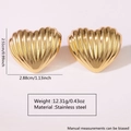 Detailed specs of gold heart stud earrings in stainless steel with ribbed texture - Radial Striped Heart