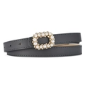 Elegant thin black leather belt with a gold oval pearl-encrusted buckle for women - Gray