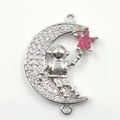 Silver astronaut on crescent moon pendant with pink star and zircon inlay jewelry - Astronaut Star Moon Silver Pendant
