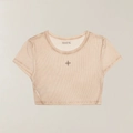 Macro detail of beige ribbed knit cropped tee with iconic center cross logo - XS / Faded Desert