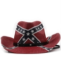 Detail of red straw cowboy hat featuring blue cross stripes and white stars pattern - M / Confederate Flag Pattern Style (JXS-49005)