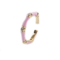 Pink enamel and gold bamboo-style open ring with three sparkling clear cubic zirconia stones - Pink
