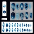 Unghie finte blu occhio di gatto con onde 3D perle e glitter a stella 24pz - Mandorla Media Lunga / 24 Pz/Confezione (Con Colla) / Galassia del Cielo Notturno (Z1148)