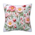 Square throw pillow cover with 3D floral embroidery in pink and white fabric - 18x18 Inch