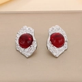 Detail view of red cat eye gemstone set in irregular silver-plated geometric earrings - Steel Red Style (KE116414-KFC)