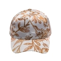 Detailed shot of smooth satin floral Hawaiian baseball cap with brown leaf pattern - Light Gray Sepia Plant Sketch Style (Style 6)