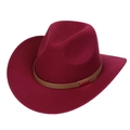 Detail view of burgundy felt cowboy hat with brown leather band and red buckle - M (56-58cm) / 165 Series-Rectangular Metal Buckle / Burgundy