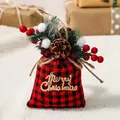 Red and black buffalo plaid Christmas gift bag with pine cones and berries decoration - Red and Black Plaid (Small)