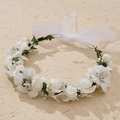 Detail of white fabric rose bridal wreath with green leaves and sheer ribbon ties - White Series Style (HS-J4431W)