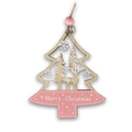 Weihnachtsbaum-Anhänger aus Holz in Rosa und Natur mit Rentier-Motiven und Glocke - Weihnachtsbaumform - Rosa/Natur