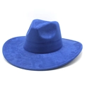 Detailed close-up of dark blue faux suede fedora hat with wide brim and creased crown - M (56-59cm) / Royal Blue Suede
