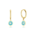 Macro view of S925 silver evil eye huggie hoop earrings with blue enamel and zircon - Evil Eye Charm / Sky Blue/Gold