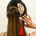 Chinese bridal gold fan hair pin with red floral patterns and silk tassels for weddings - Red (Right)
