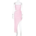 Detail eines rosa Zweiteilers mit kurzem Top und Rock mit asymmetrischem Rüschensaum - S / Rosa