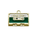 Vintage cassette tape charm in gold alloy with green and white enamel and Good Vibes text - Green Cassette Tape