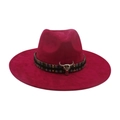 Magenta wide brim fedora hat with colorful band and silver bull head charm - Colorful Bull Head Ornament / Burgundy