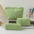 3-piece green and white striped knit makeup bag set with storage pouch and pencil case - Green Stripe
