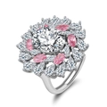 Floral cluster S925 silver ring with pink gems and a large white round zircon center - Lzr24 For Sale