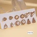 Set di 6 paia di eleganti orecchini a lobo dorati con perle, strass e pietre occhio di gatto - Perno in Argento-Oro (Set da 12 Pezzi)