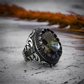 Vintage adjustable copper ring with large oval mystic gemstone and black micro-diamonds - Mystic Topaz Baroque(TJZ40023)