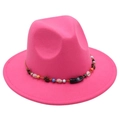 Detail view of pink wool fedora hat with ethnic beaded band and gemstone decor - One Size / Rose Red (Obsidian Decoration)