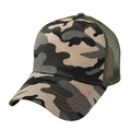 Camo trucker hat with breathable mesh back and orange stitching detail in a 45-degree side view - Adjustable / Green Camouflage
