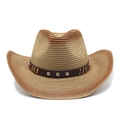 Detailed close-up of textured straw cowboy hat with studded leather band and metal accents - M / Brown Yellow Gradient (4)