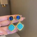 Vintage gold geometric earrings with round deep blue and rhombus sky blue crystal accents - 9# Blue (Silver Earring Post)