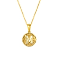 Polished gold hammered coin necklace featuring embossed letter M with beaded edge detail - Letter M (S-P173-M)