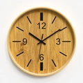 12-inch round wall clock featuring a light brown wood grain finish and black numeric dial - Bamboo Texture Dark Wood Grain Style
