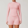 Ensemble de yoga rose 2 pièces avec haut zippé manches longues et short côtelé - S / Haut Et Bas / Ensemble 2 Pièces (Veste+Short) / Rose Pêche