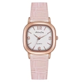 Square rose gold watch for women with pink leather strap and white numeric dial - Pink