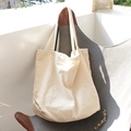 Retro cream white large capacity canvas tote bag hanging on a chair in soft sunlight - Off White