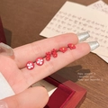 S925 silver red cat eye floral and festive character stud earrings in gold frame - New Chinese Wedding Red Set
