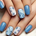 Close-up of blue floral press-on nails with minimalist plant patterns and matte finish - Blue Floral Medium Square Style (CW832) / 24 Pcs Set + Tool Kit