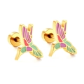 Golden hummingbird earrings with colorful enamel and secure screw-back butterfly stoppers - Hummingbird