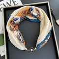 Orange and blue floral silk scarf necklace with black flower magnetic buckle - Rose Buckle-Full of Flowers / 37cm