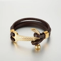 Dark brown multilayer leather braided bracelet with a golden anchor style metal clasp - Brown Leather Gold Clasp (KB73811-BD)