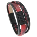 Detail of red and black multi-layer leather bracelet with magnetic clasp and woven texture - Brick Red